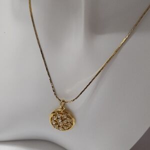 Gold Tone Necklace with Round CZ Pendant. Preloved.